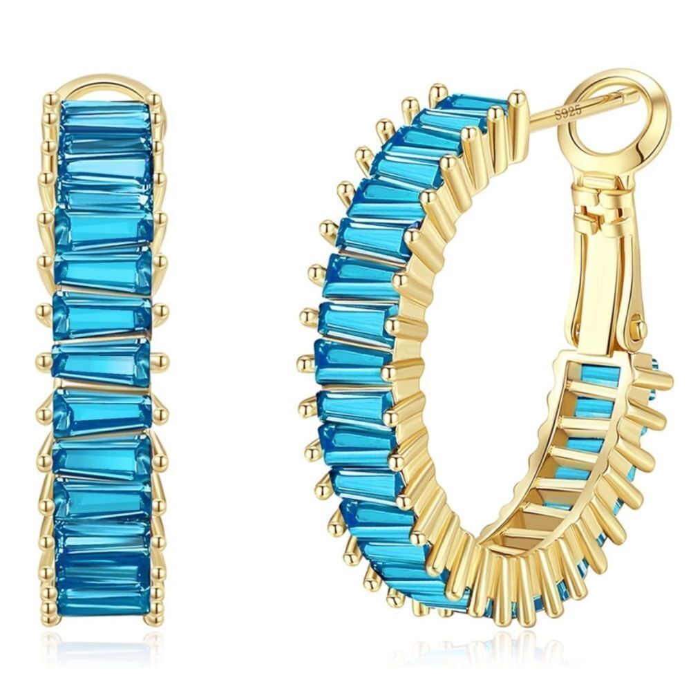 14K Yellow Gold with Blue Topaz Cubic Zirconia Drop Hoop Leverback Earrings